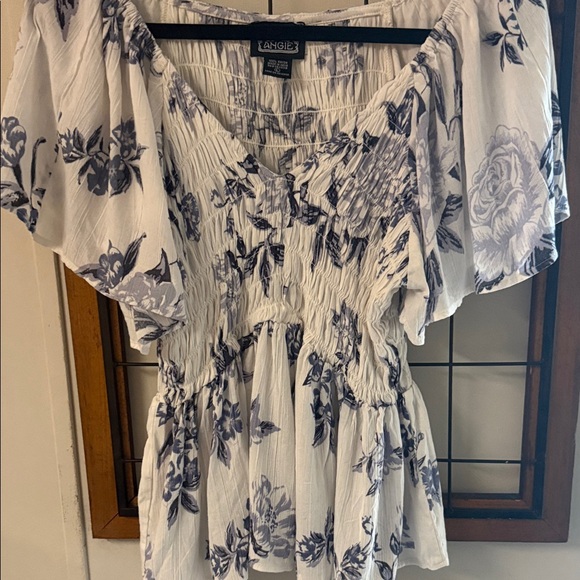 Angie Tops - Angie Women's Floral White and Blue Top Size L